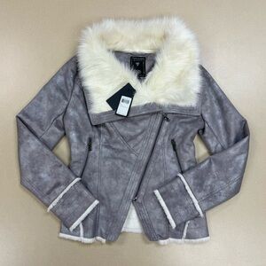 Guess Glam Moto Jacket S Small Metallic Gray Grey Faux Fur Suede Cropped Coat ✨